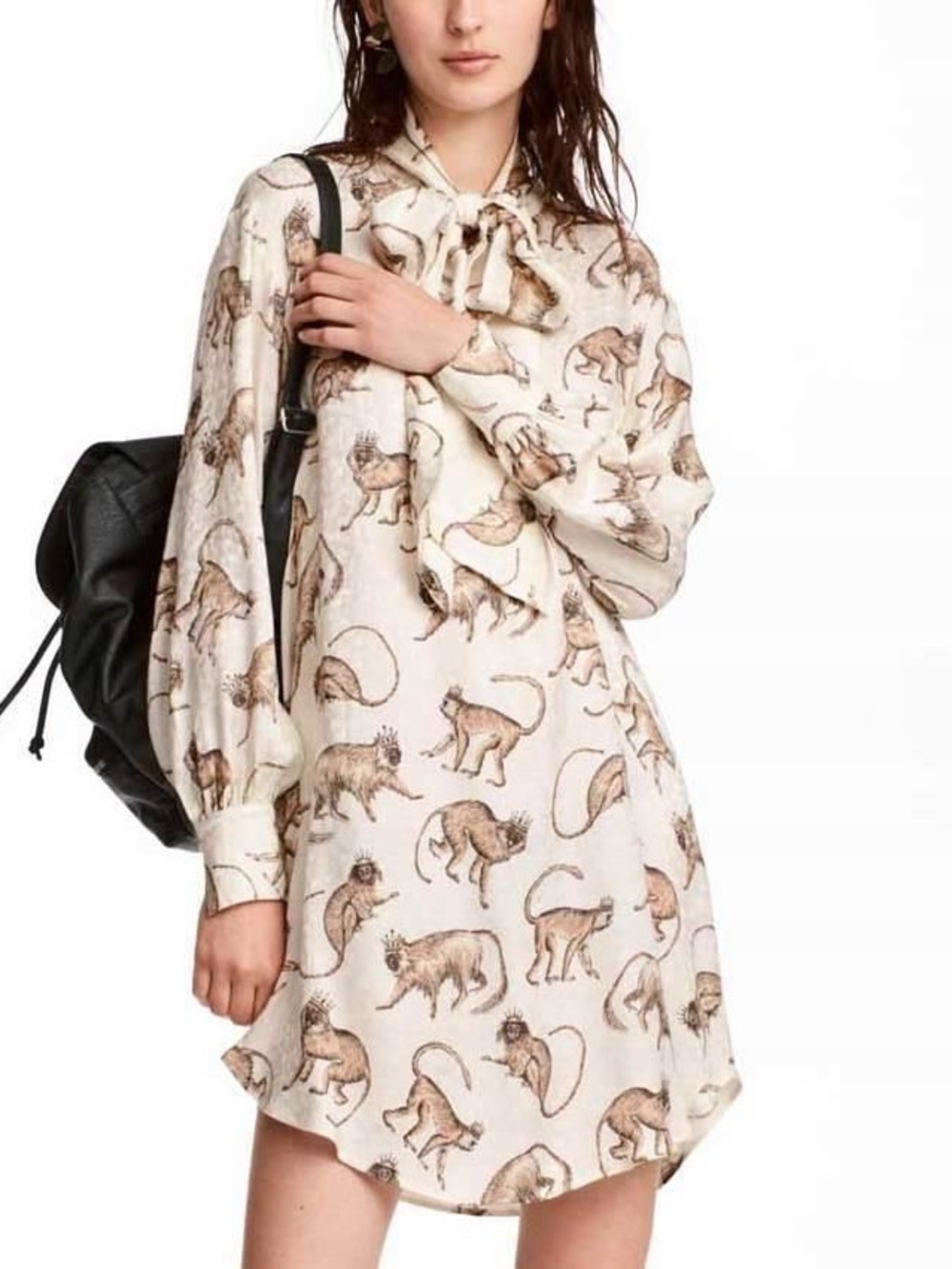 H&M Jacquard-Patterned King Monkey Print Dress With Neck Tie Bow Size 14
